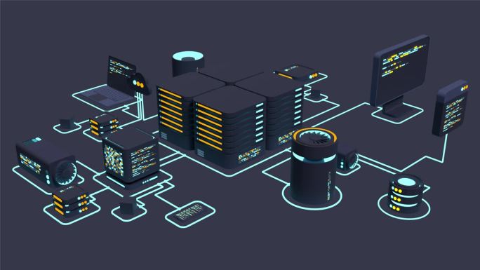 计算机技术3D动画。大数据中心计算。云计算。在线设备上传和下载信息
