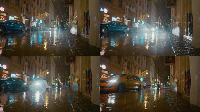 匈牙利布达佩斯市雨季夜间城市街道上车辆的路面水平