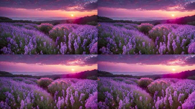 花海薰衣草日落唯美风景紫色天空