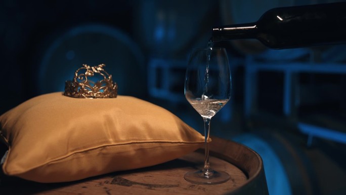 在酒窖中，从酒桶靠垫上的金冠附近的酒瓶中倒入白葡萄酒的特写