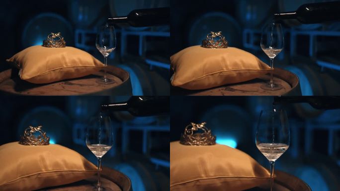 在酒窖中，从酒桶靠垫上的金冠附近的酒瓶中倒入白葡萄酒的特写