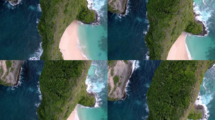 蓝水和夏季海岸海景鸟瞰图。在大西洋岛宁静的大自然中前往海滨海滩。全景海岸与山脉和异国情调的泻湖在冲浪