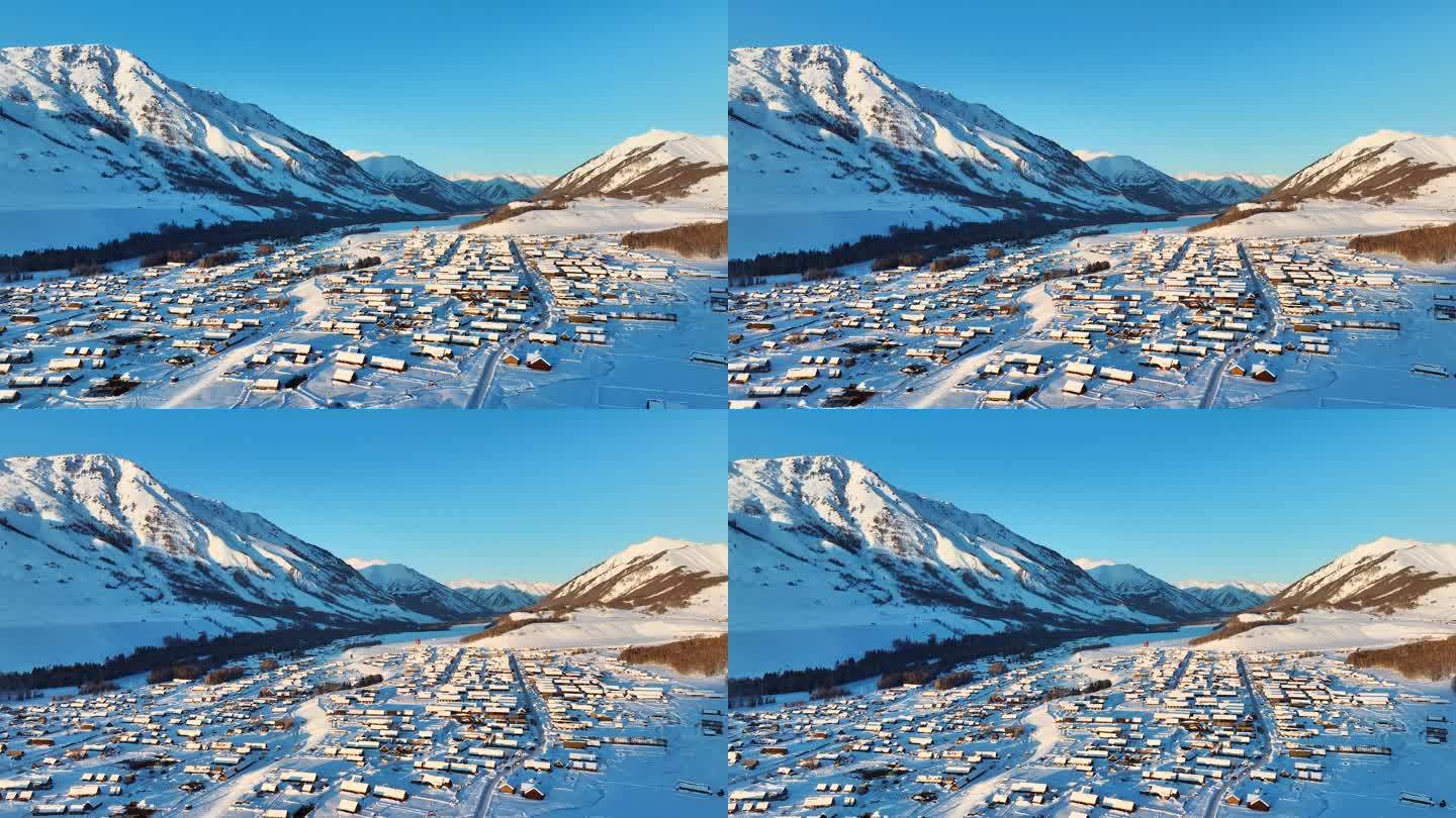 航拍新疆禾木村冬季雪景