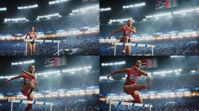 跨栏与速度斜坡效果的电影慢动作镜头。在一个拥挤的体育馆里，一名强壮的女运动员正在奔向障碍，在冲刺中跳