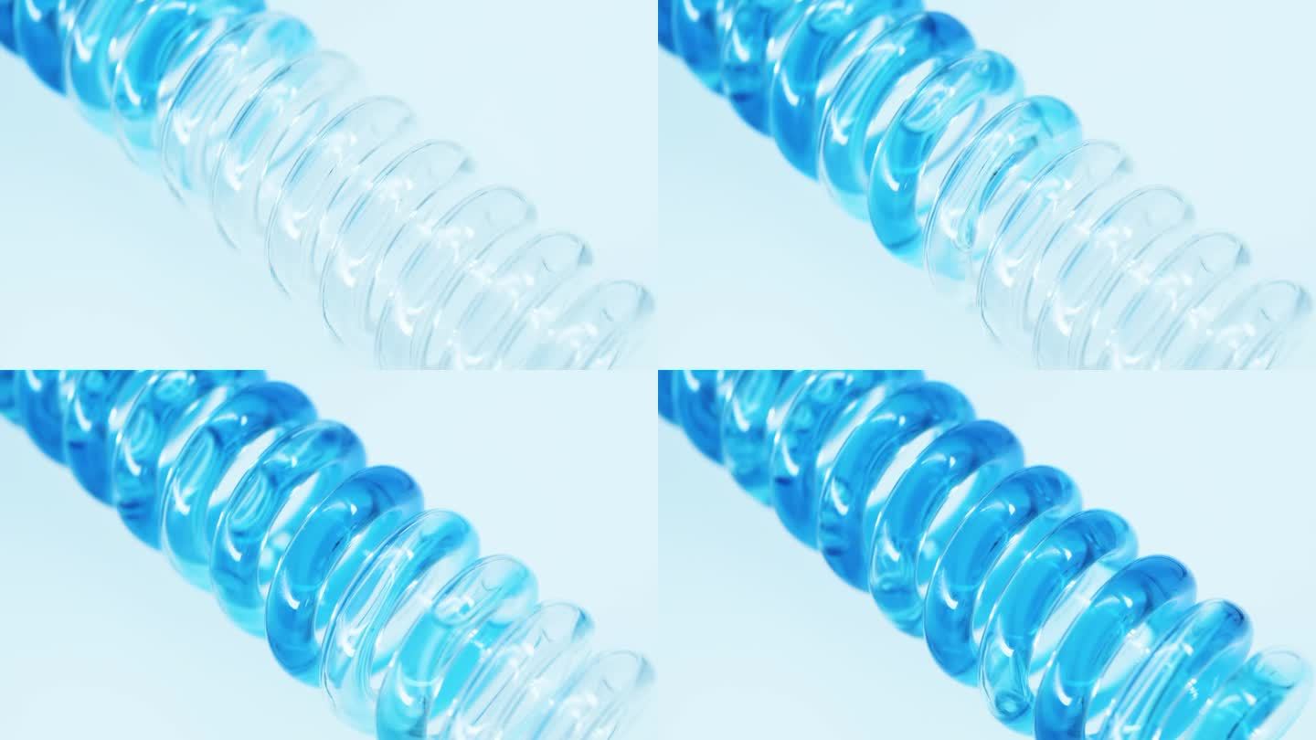 蓝色液体物质流过一个螺旋形玻璃烧瓶。