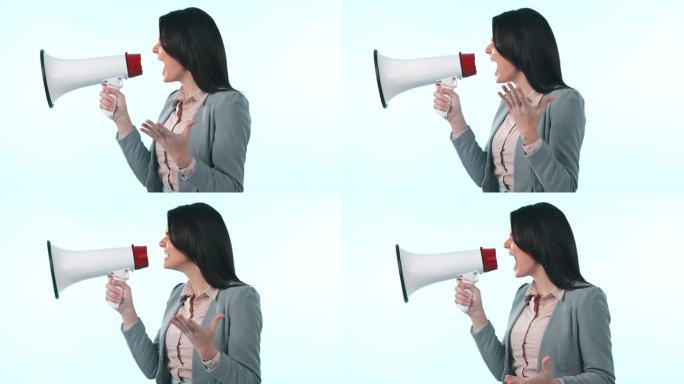 简介，扩音器或商务女性尖叫反馈或评论在蓝色背景。广播、演播室或公司工作人员为突发新闻、演讲或发言而大