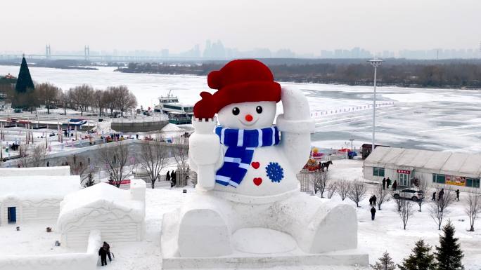 4K哈尔滨外滩雪人码头多角度航拍