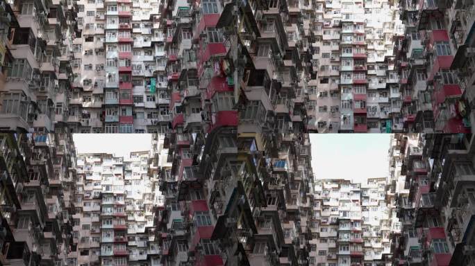 怪物建筑鱼涌。香港宜昌和宜发旧公寓的外部建筑，无人机鸟瞰图。亚洲住宅生活变压器建筑。向上倾斜镜头。