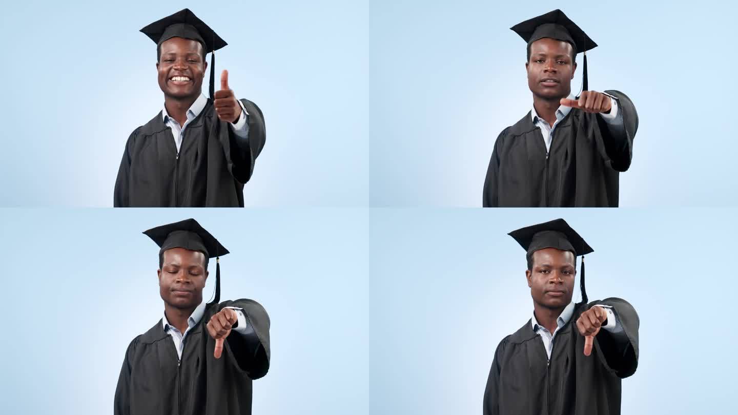 回顾，面对和黑人或毕业生拇指向下的学校经历。消极，毕业和非洲学生的肖像与手势的大学反馈在工作室背景
