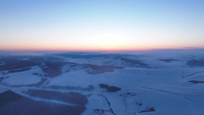 延时航拍 山区雪原暮雪冻雾迷漫