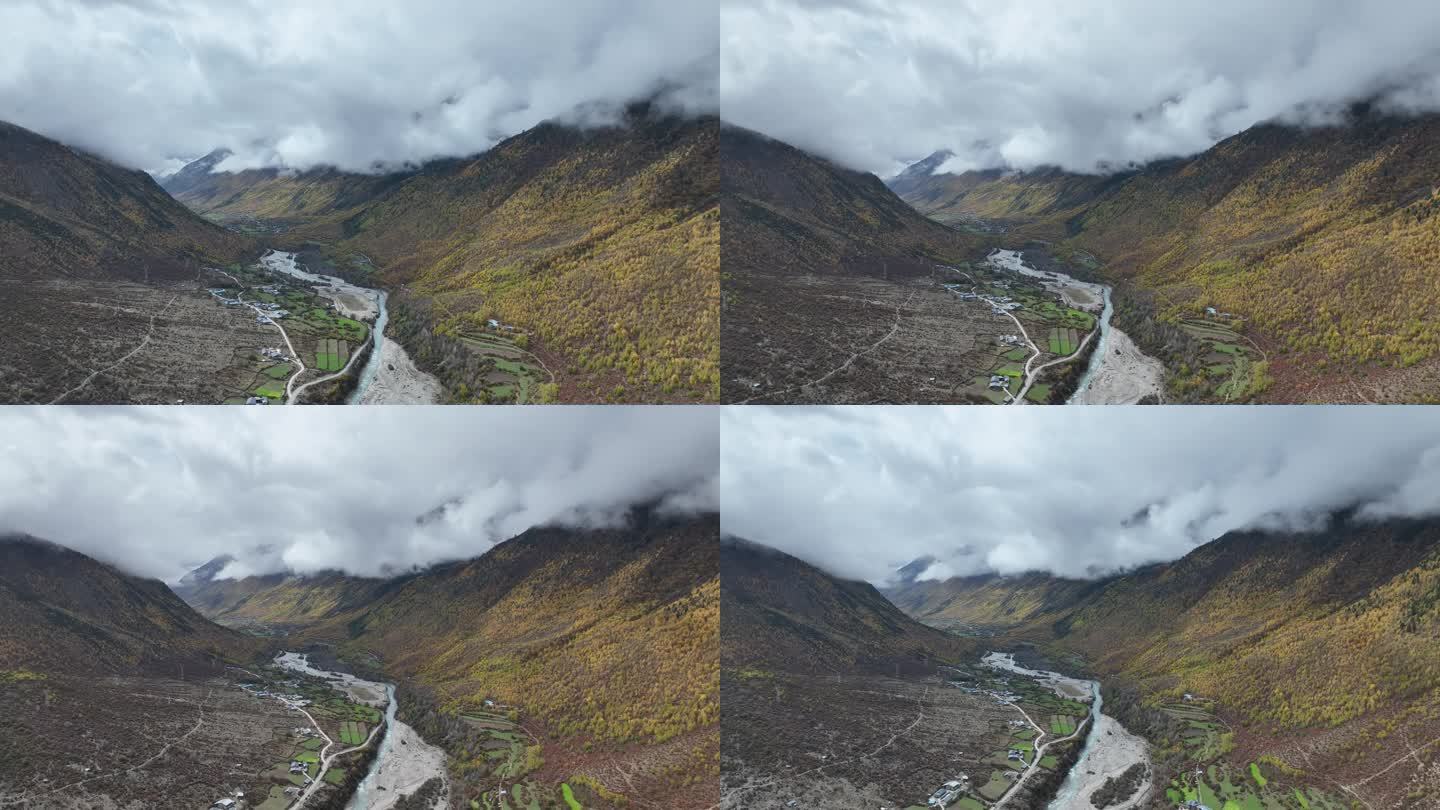 4K航拍西藏古玉乡秋季雨后云雾缭绕