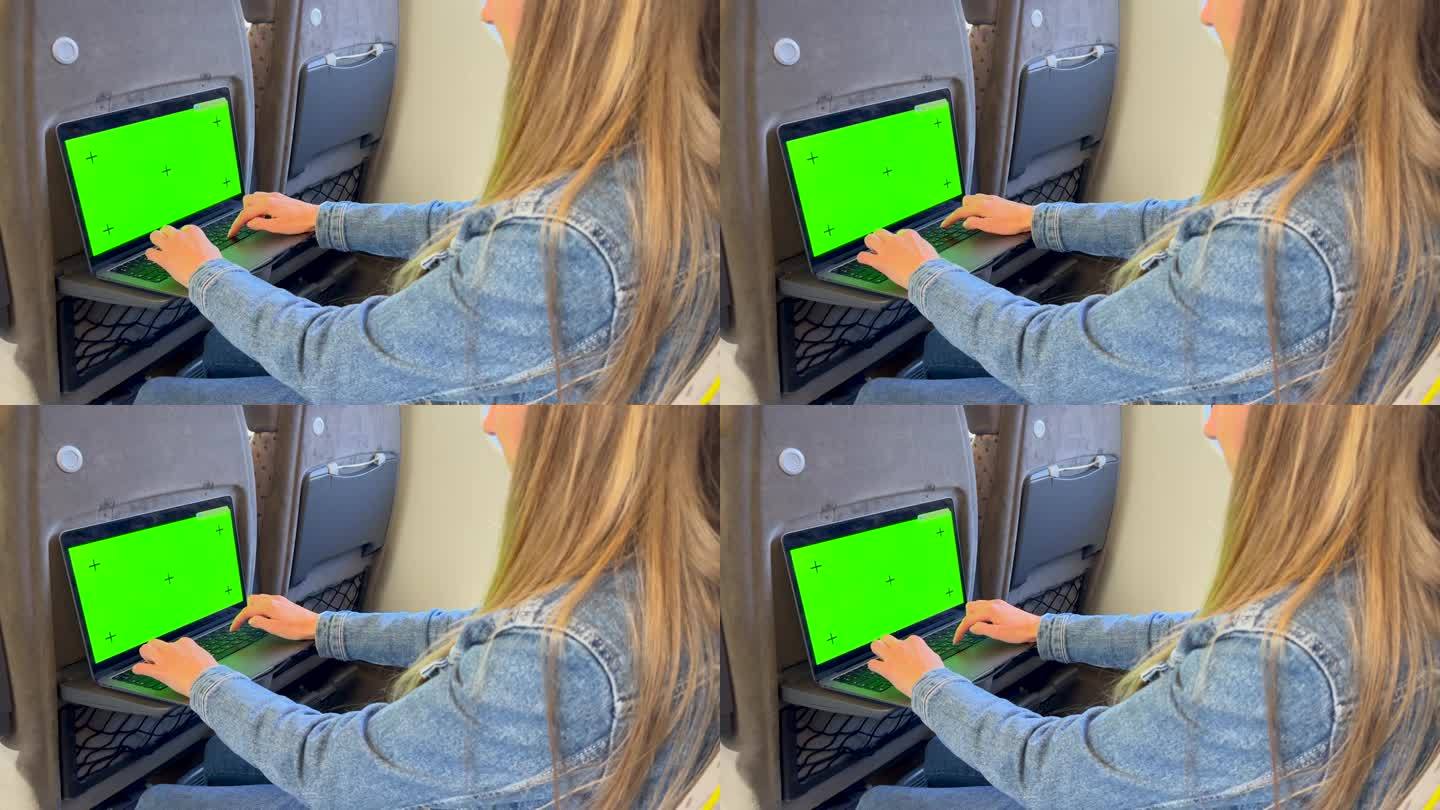 女性在现代电车、公共汽车或地铁上使用平板电脑或电子书。一个漂亮的女孩乘公共交通工具去上班。