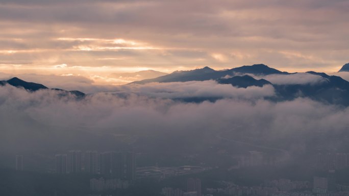 黎明破晓云雾拨开蓝天白云日出城市宣传片