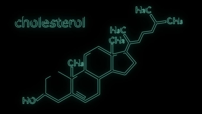 胆固醇分子式霓虹灯图标孤立的黑色背景。