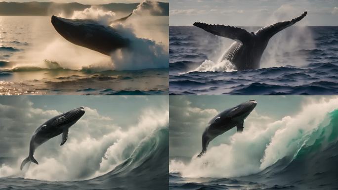 鲸鱼在海面跳跃  鲸鱼出海 海洋 座头鲸