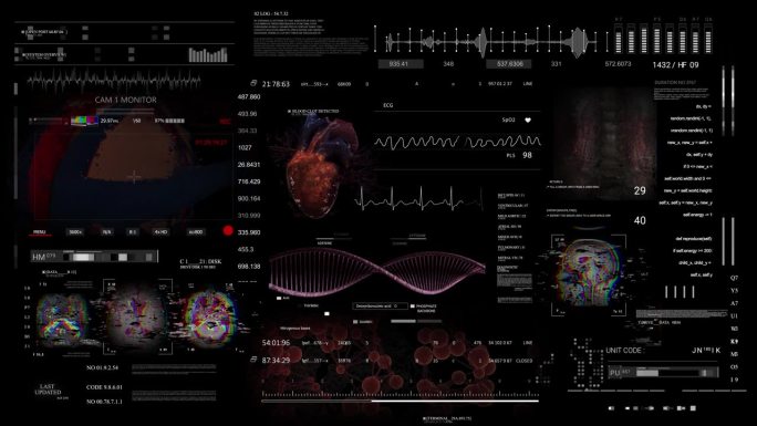 MRI x线扫描，显微外科关节镜手术。关节镜摄像屏幕。医疗HUD分析心脏诊断。dna。听频监测器。未