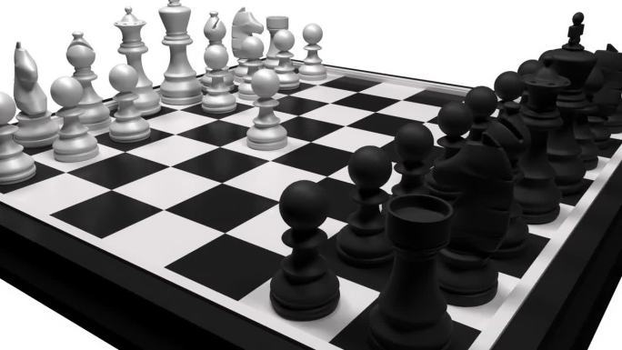 当播放女王的开局时，镜头在棋盘上旋转。国际象棋游戏棋盘上的黑白棋子。策略，智力和游戏概念。