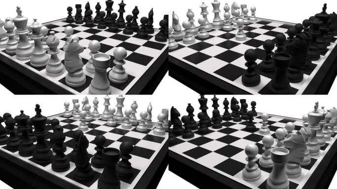 当播放女王的开局时，镜头在棋盘上旋转。国际象棋游戏棋盘上的黑白棋子。策略，智力和游戏概念。