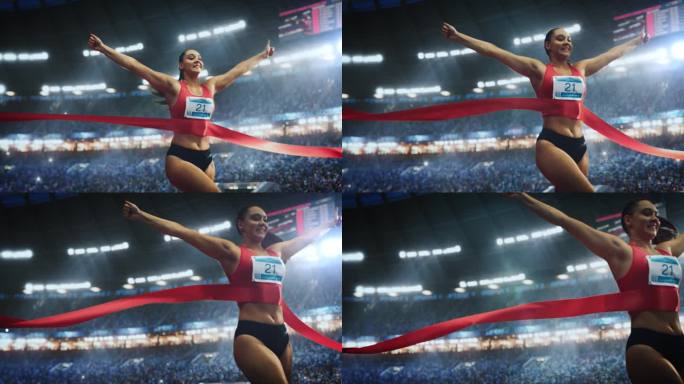 坚强的女运动员在极限状态下完成比赛，带着红丝带穿过终点线。电影般的体育镜头在一个拥挤的竞技场与观众。