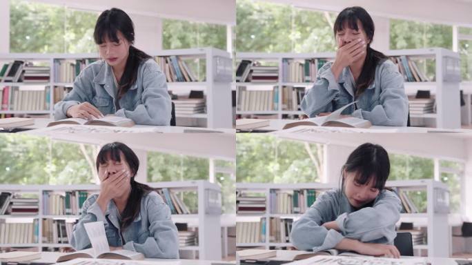 年轻的亚洲女大学生们在大学图书馆里温文尔雅地读书，昏昏欲睡，最后进入了梦乡。传达学习的宁静时刻和偶尔