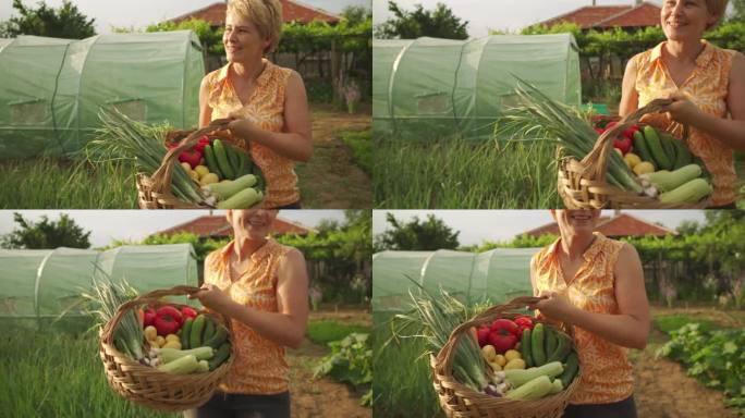 一位女农民提着一篮子农产品