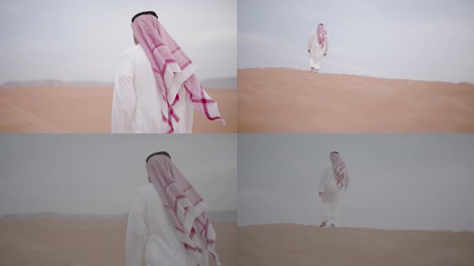 沙特人独自走在沙漠中沙漠行走