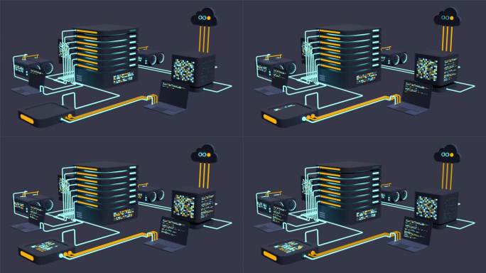 计算机技术3D动画。大数据中心计算。云计算。在线设备上传和下载信息