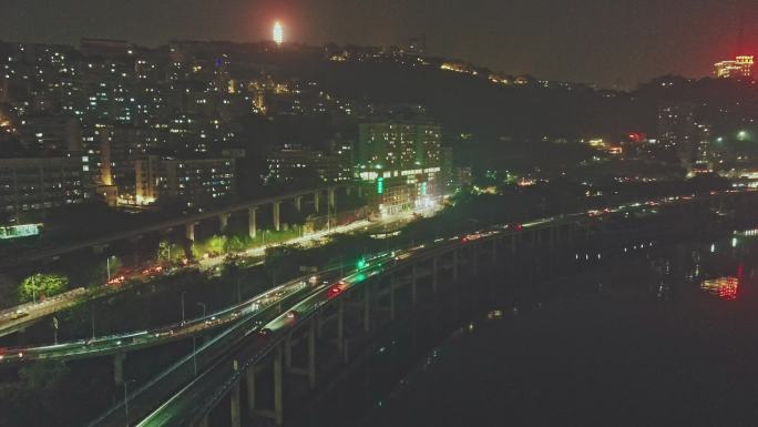航拍中国重庆嘉陵江边李子坝站夜景
