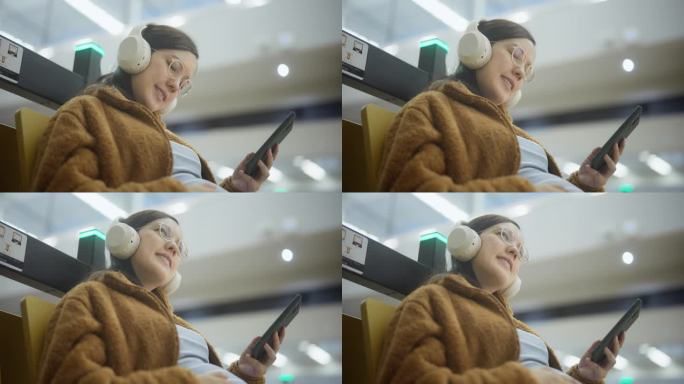 亚洲孕妇在机场候机时边听音乐边玩智能手机