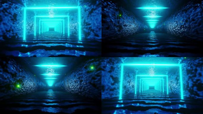 隧道的尽头有明亮的蓝色方块和灯光。循环动画