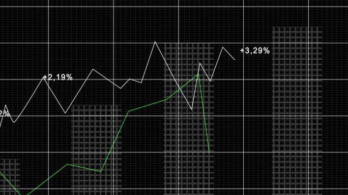 股票市场图黑色背景与线形图向上移动，增加百分比率，并在网格段增长条形。跟踪和跟踪增长