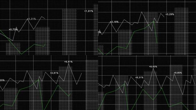 股票市场图黑色背景与线形图向上移动，增加百分比率，并在网格段增长条形。跟踪和跟踪增长