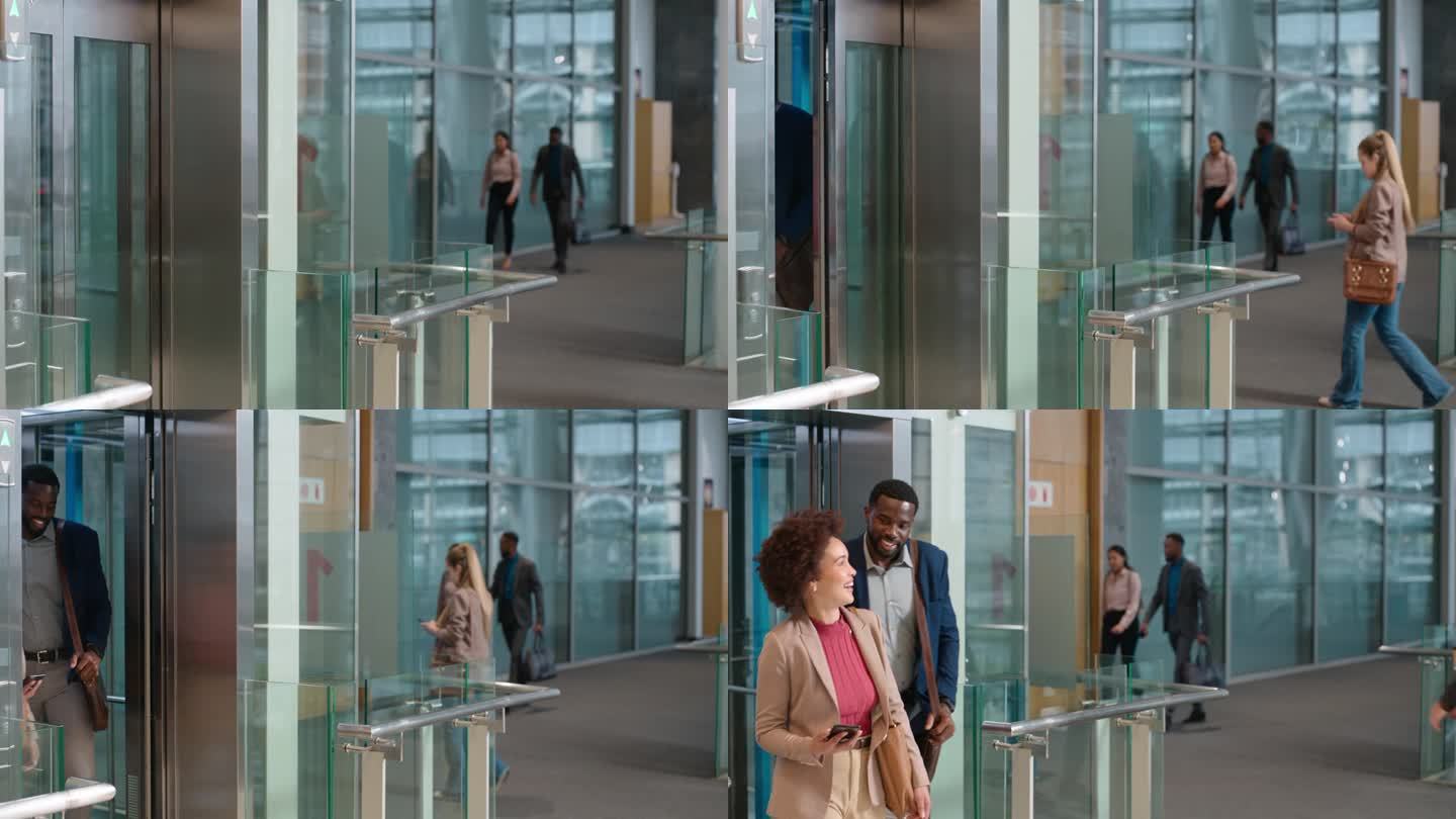 商务，人们和从电梯出口走出来的谈话，快乐和公司工作场所的大厅。专业人士，男女在电梯门口与同事和行李进