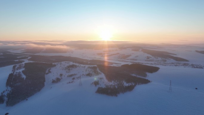 延时航拍 山区雪原暮雪冻雾迷漫