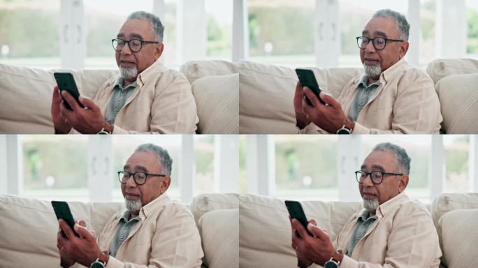 微笑，放松，和一个年长的男人用手机交流，看社交媒体和聊天。快乐，家里的沙发和一个老人滚动移动应用程序