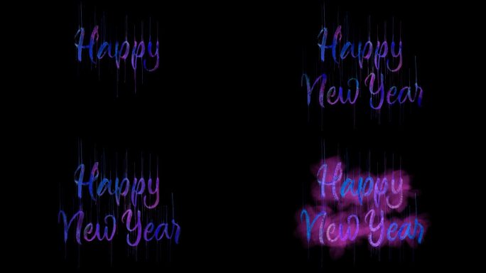 新年快乐，鲜艳多彩的笔刷字体标题在黑色背景上的水彩和油停止运动渲染。肮脏的纹理，墨水流动，滴水和微弱