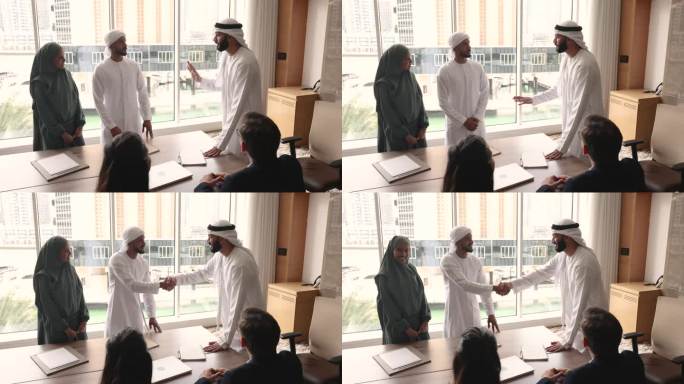 两位身着传统穆斯林服装的领导人握手完成正式会晤