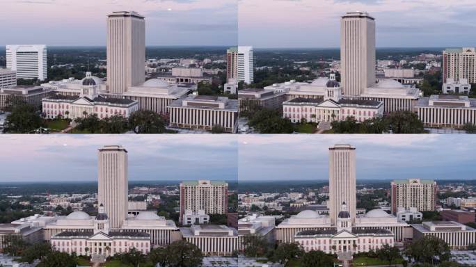 佛罗里达历史悠久的州议会大厦与现代佛罗里达城市景观形成鲜明对比。历史悠久的圆顶建筑矗立在佛罗里达州塔