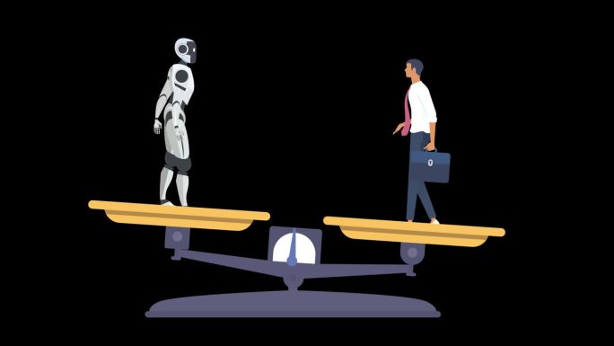 商人和机器人的比例平衡竞赛，黑色背景的孤立动画。