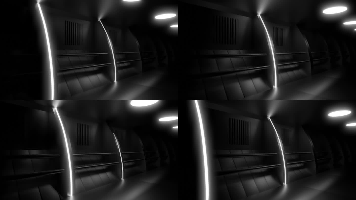 地下抽象掩体的内部。设计。有灯光的恐怖黑暗隧道，军事避难所的概念。