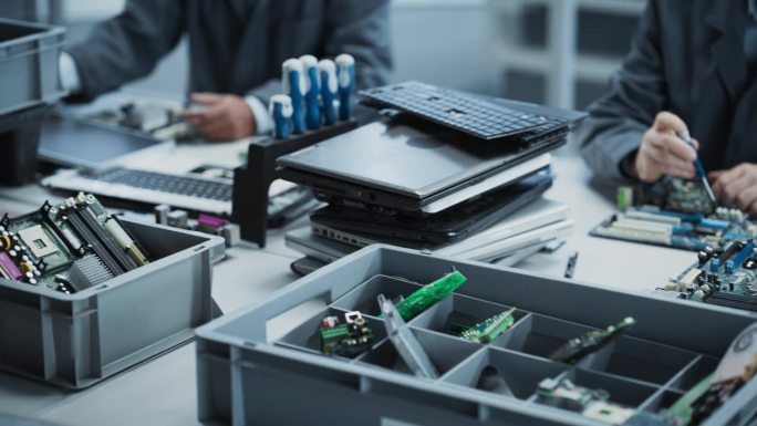 电子工厂工人正在拆卸笔记本电脑的主板和显示器盒子的特写镜头。为生产新设备而回收计算机部件的过程。