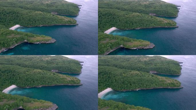 蓝水山海岸海景鸟瞰图。在洛基岛海滨的大西洋自然中旅行。上面拍摄的野生海岸与大森林土地和蔚蓝的海洋泻湖