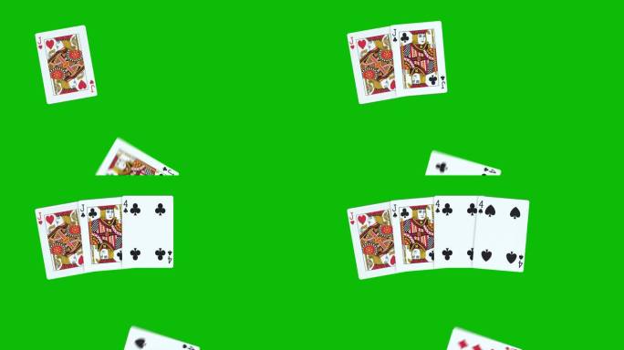 由两对扑克牌组成的手牌，在绿屏上依次抛出扑克牌3D动画，扑克牌动画，发扑克牌动画。赢牌手两对组合3