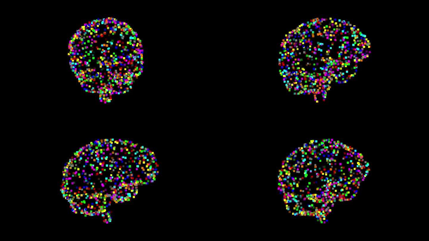 旋转3d人类大脑与彩色像素粒子在纯黑色背景