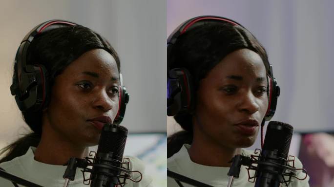 垂直视频:非洲女性在线节目主持人对着麦克风讲话