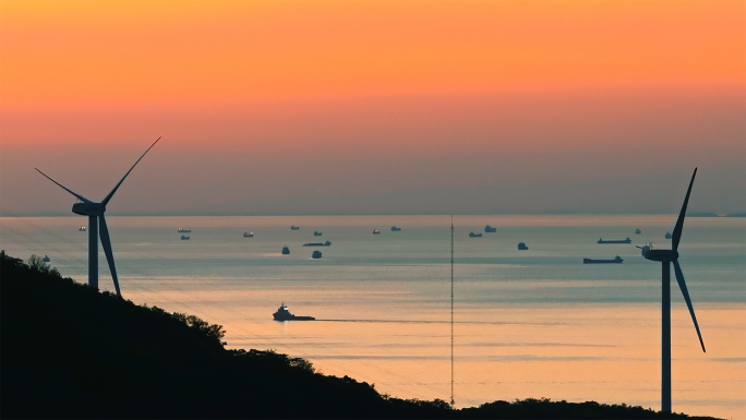 风力发电海上风电日出日落火烧云