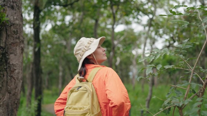 年轻的高加索女性在森林里徒步旅行