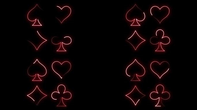 扑克和赌场霓虹灯图标孤立的黑色背景。