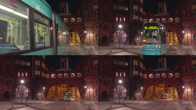 法兰克福Main近过境商店的实时镜头，Römerberg和法兰克福Römer在夜间有电车，法兰克福，