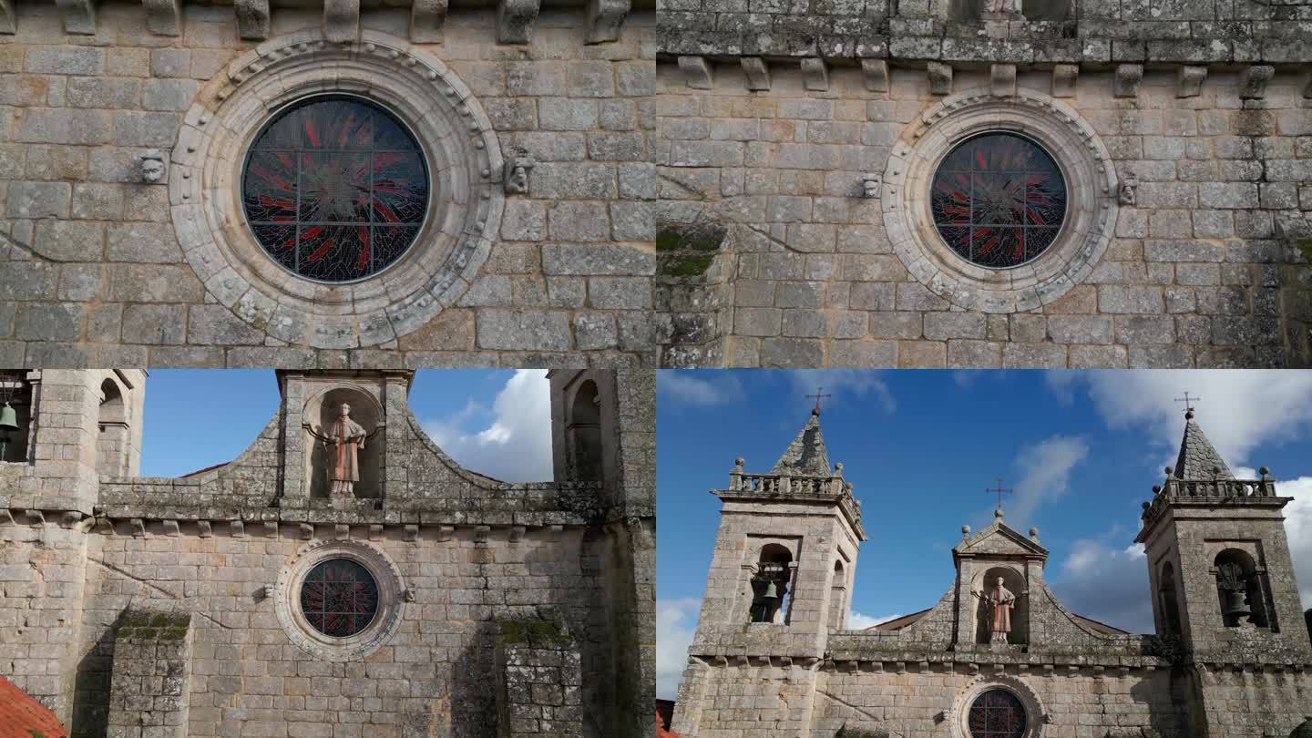 无人机拍摄的教堂与圣徒雕塑和圆形彩色玻璃窗